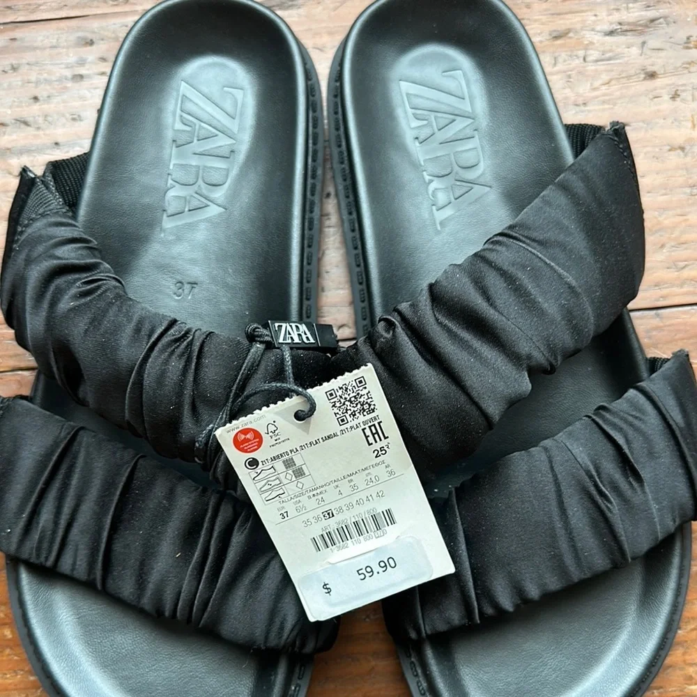 Zara Black Ruffled Slide Sandals 6.5/37 NWT - Picture 2 of 7